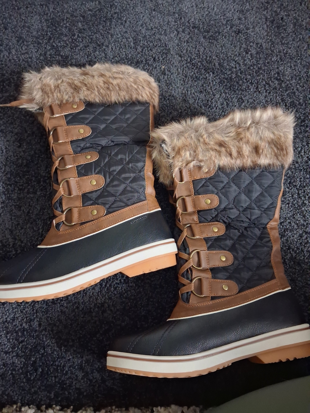 Quilted Black & Brown Faux Fur Winter Boots for Women